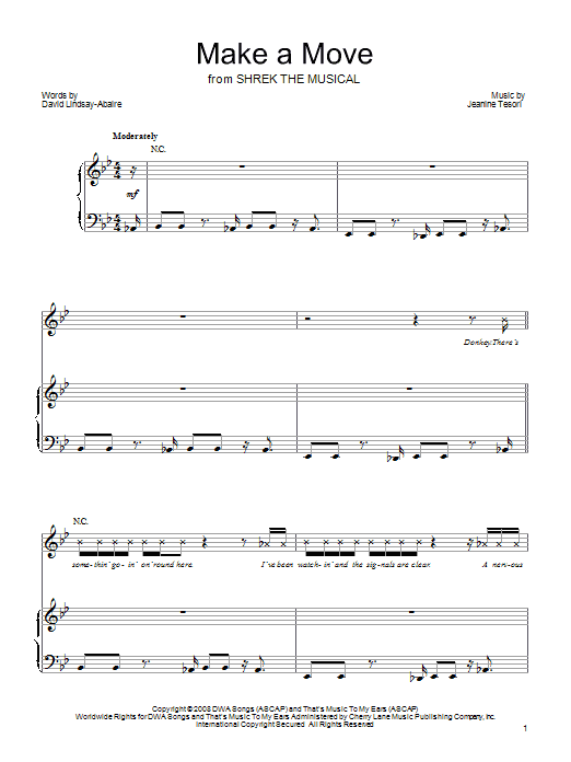Learn to play Shrek The Musical Make A Move sheet music for Piano, Vocal & Guitar Chords (Right-Hand Melody) in minutes. Price: 7.8900$ Shrek The Musical Make A Move sheet music notes and chords arranged for Piano, Vocal & Guitar Chords (Right-Hand Melody)