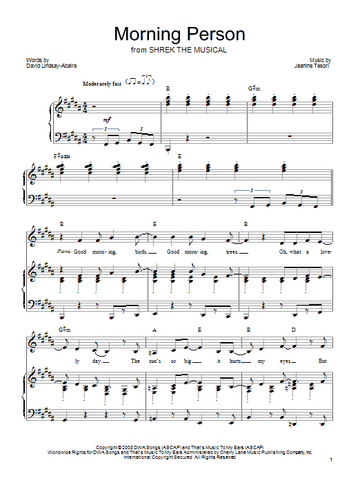 Jeanine Tesori Morning Person (from Shrek The Musical) sheet music notes and chords. Download Printable PDF.