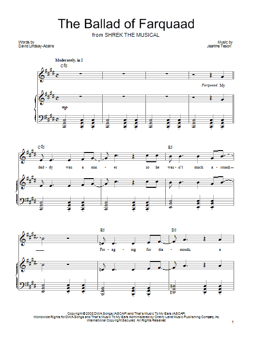 Learn to play Shrek The Musical The Ballad of Farquaad sheet music for Piano, Vocal & Guitar Chords (Right-Hand Melody) in minutes. Price: 7.8900$ Shrek The Musical The Ballad of Farquaad sheet music notes and chords arranged for Piano, Vocal & Guitar Chords (Right-Hand Melody)