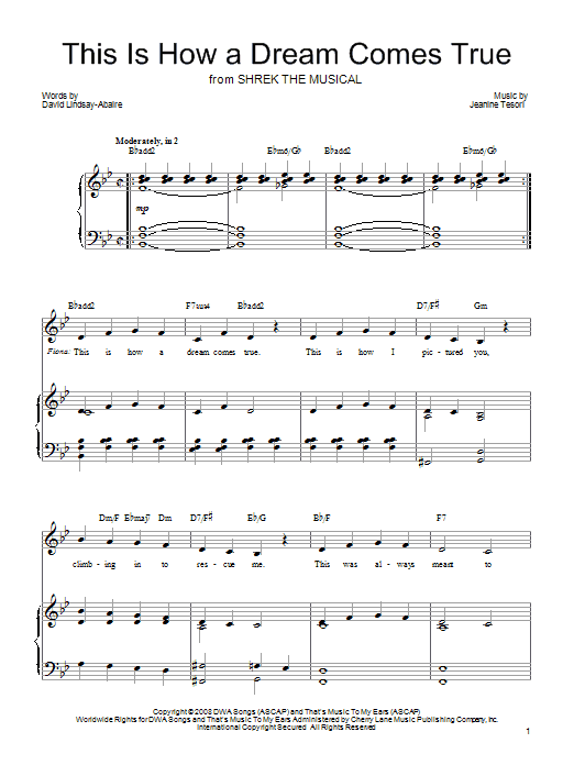 Learn to play Shrek The Musical This Is How A Dream Comes True sheet music for Piano, Vocal & Guitar Chords (Right-Hand Melody) in minutes. Price: 7.8900$ Shrek The Musical This Is How A Dream Comes True sheet music notes and chords arranged for Piano, Vocal & Guitar Chords (Right-Hand Melody)