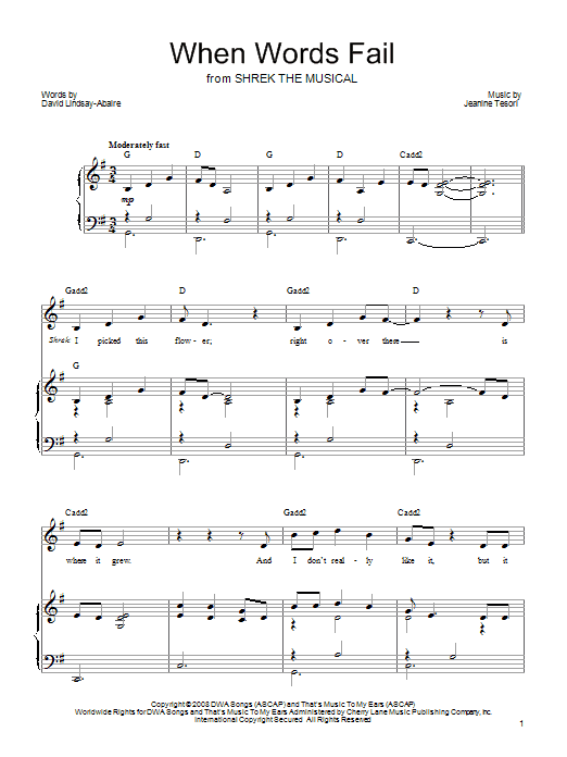 Jeanine Tesori When Words Fail (from 'Shrek The Musical') sheet music notes and chords. Download Printable PDF.