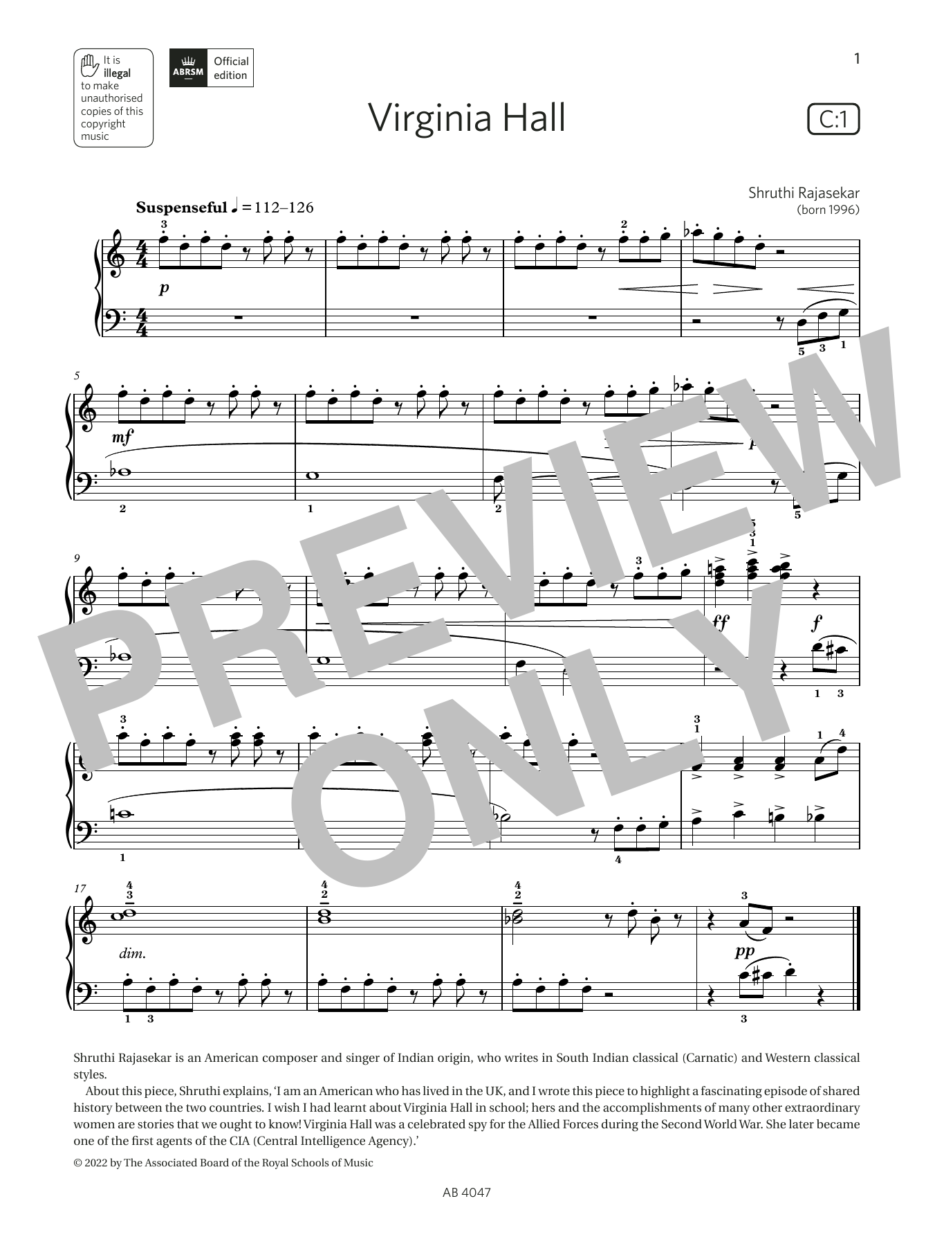 Shruthi Rajasekar Virginia Hall (Grade 1, list C1, from the ABRSM Piano Syllabus 2023 & 2024) sheet music notes and chords. Download Printable PDF.