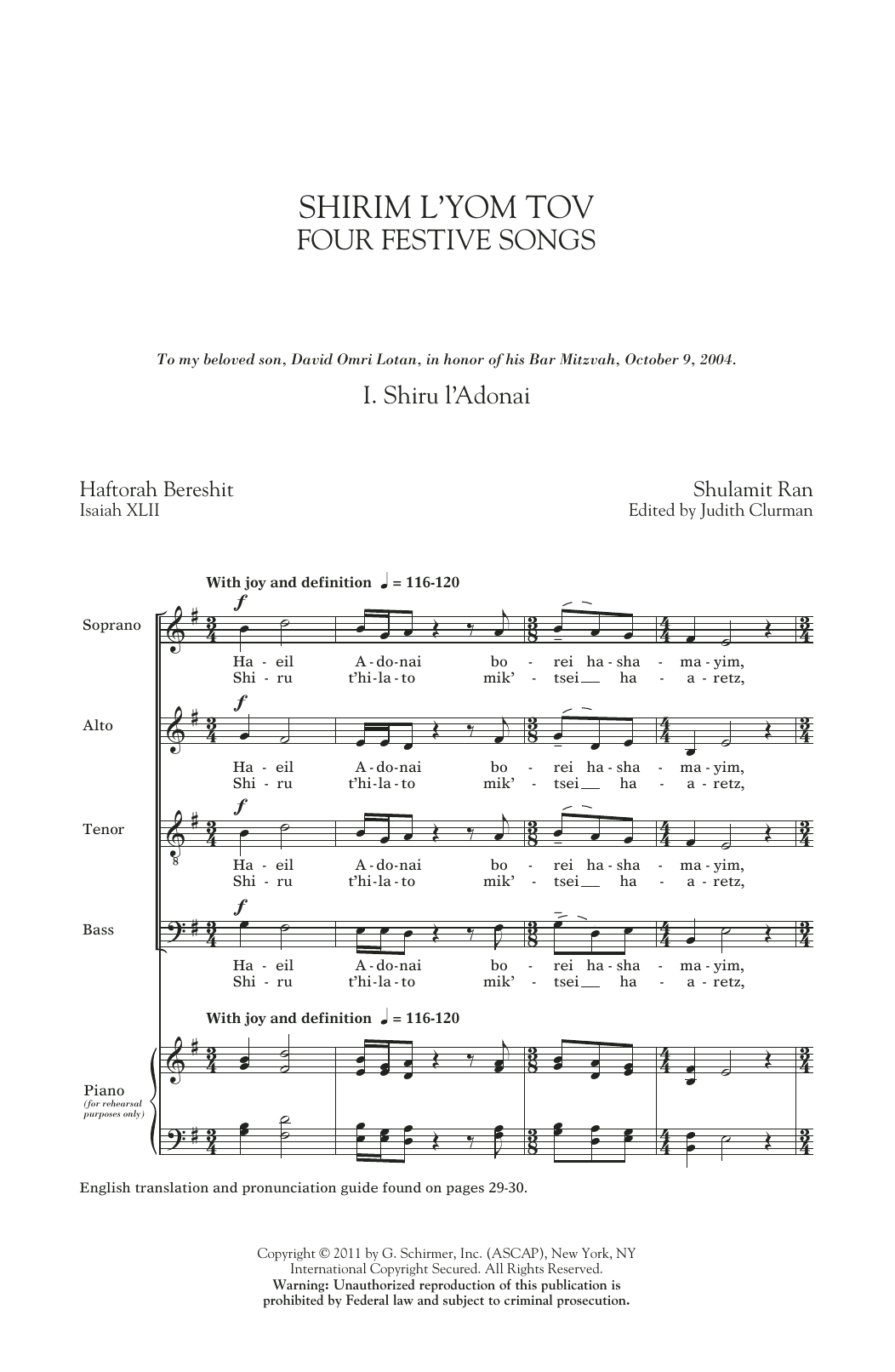 Learn to play Shulamit Ran Four Festive Songs sheet music for SATB Choir in minutes. Price: 4.7900$ Shulamit Ran Four Festive Songs sheet music notes and chords arranged for SATB Choir