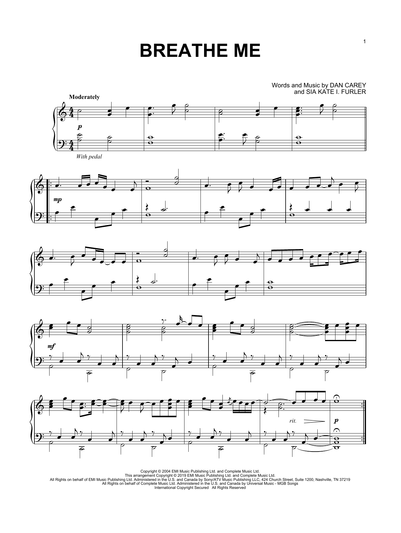 Sia Breathe Me sheet music notes and chords. Download Printable PDF.