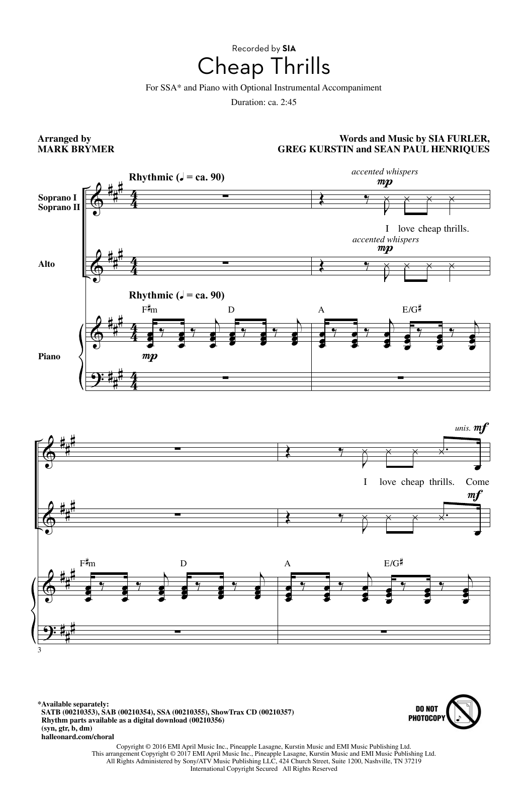 Sia Cheap Thrills (feat. Sean Paul) (Arr. Mark Brymer) sheet music notes and chords. Download Printable PDF.