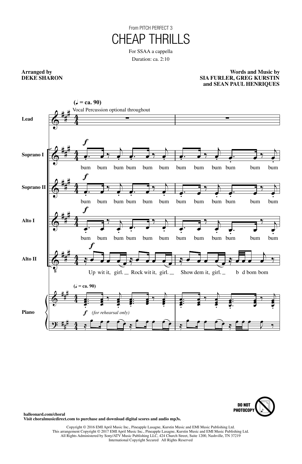 Sia Cheap Thrills (from Pitch Perfect 3) (arr. Deke Sharon) sheet music notes and chords. Download Printable PDF.