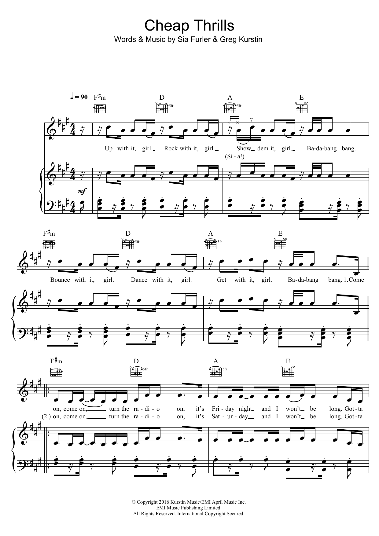 Sia Cheap Thrills sheet music notes and chords. Download Printable PDF.