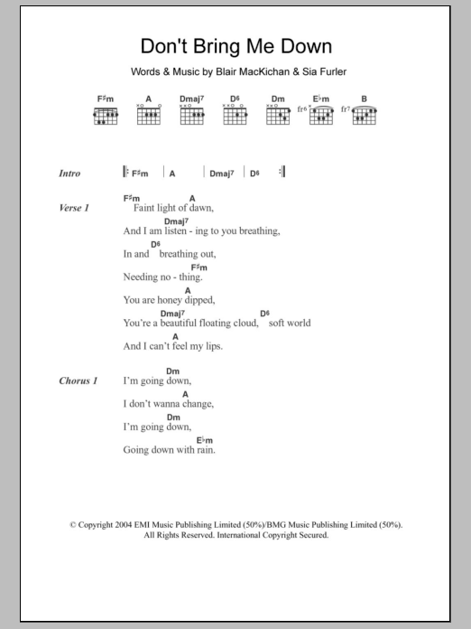 Sia Don't Bring Me Down sheet music notes and chords. Download Printable PDF.