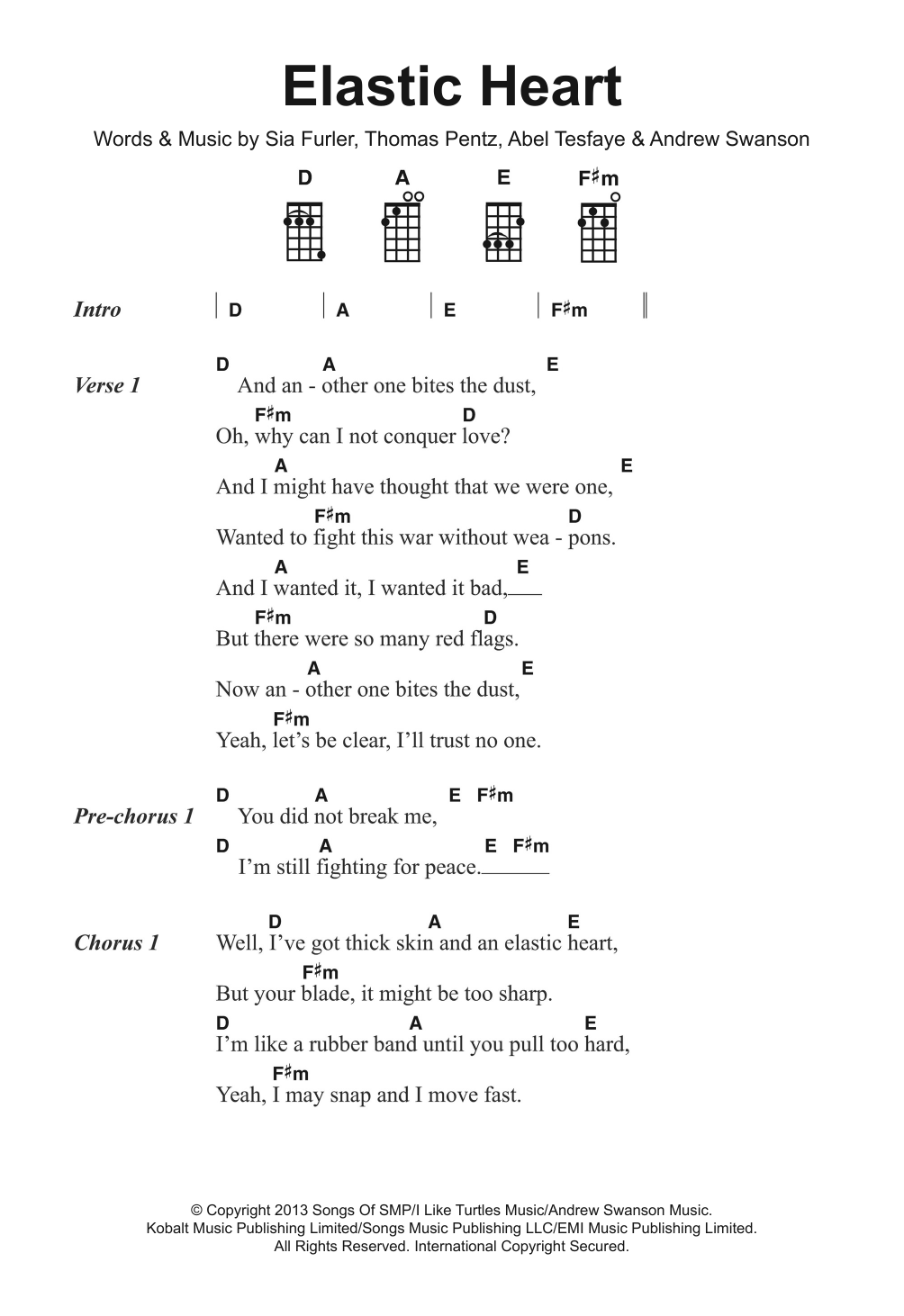 Sia Elastic Heart sheet music notes and chords. Download Printable PDF.