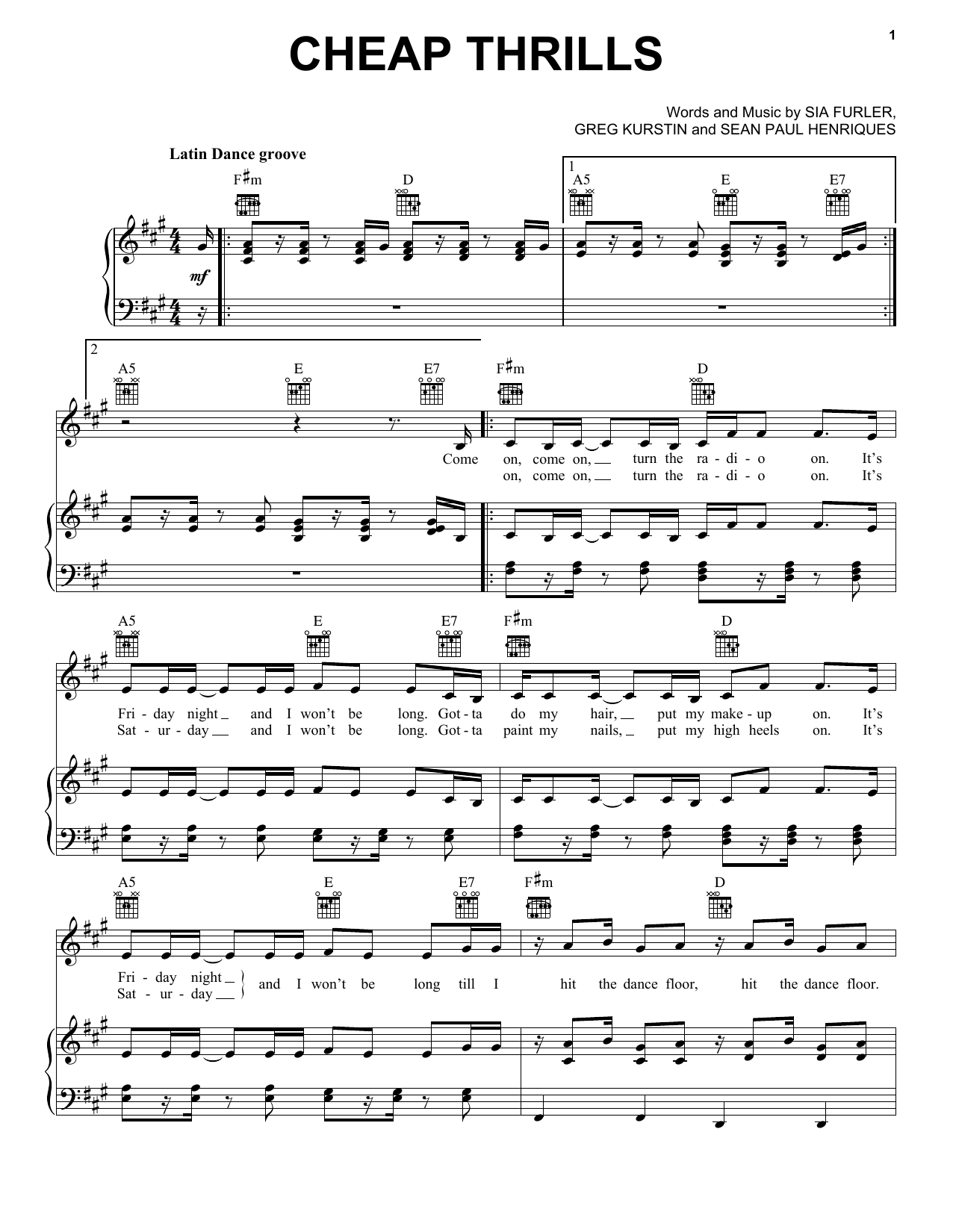 Sia feat. Sean Paul Cheap Thrills sheet music notes and chords. Download Printable PDF.