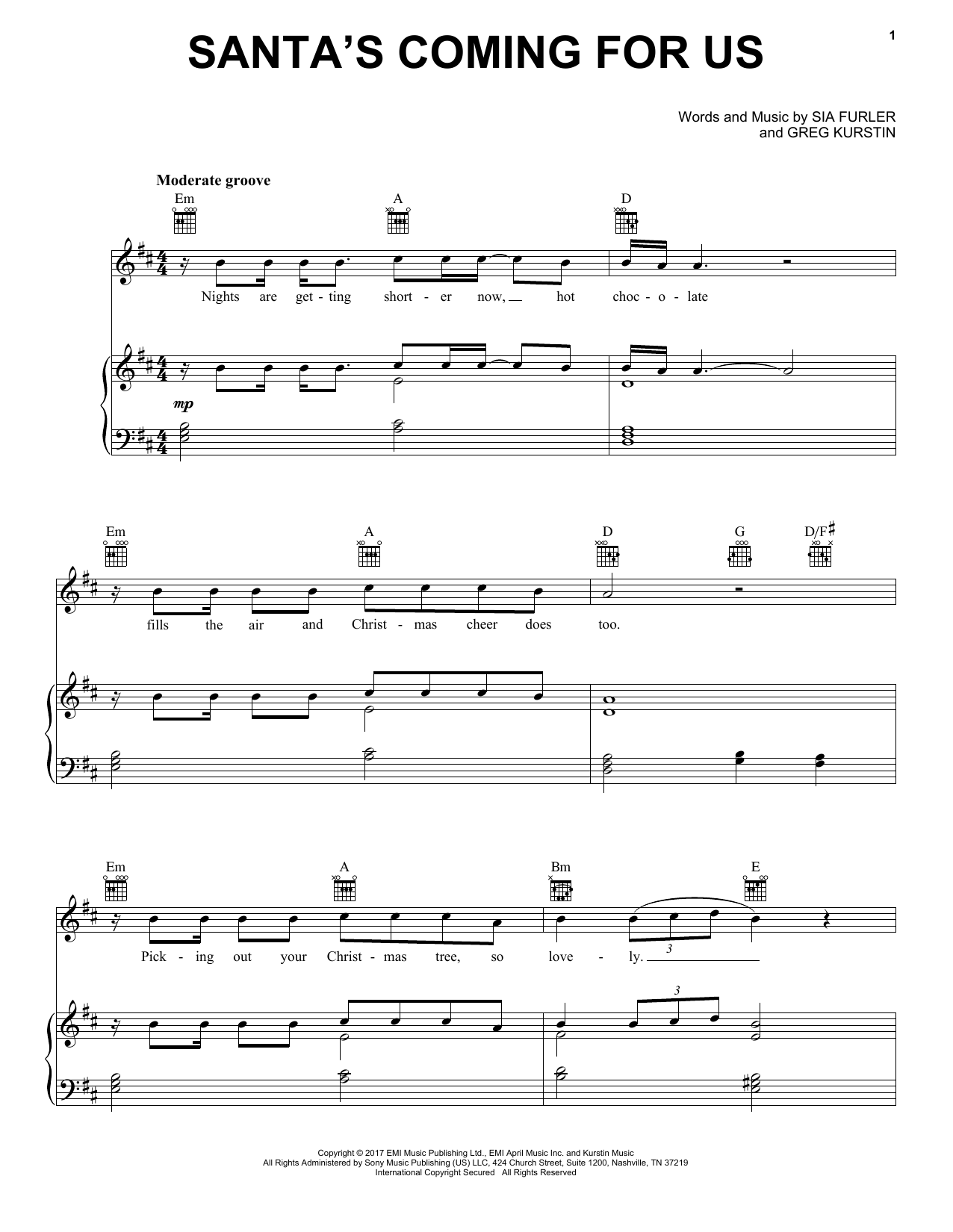 Sia Santa's Coming For Us sheet music notes and chords. Download Printable PDF.