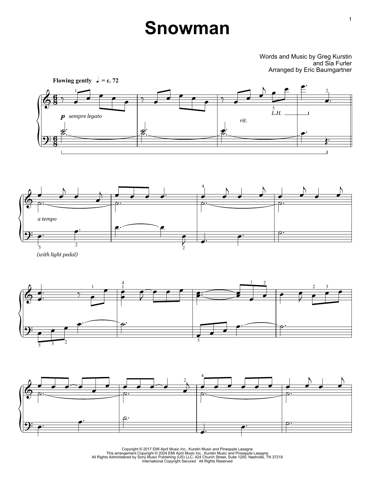 Sia Snowman (arr. Eric Baumgartner) sheet music notes and chords. Download Printable PDF.