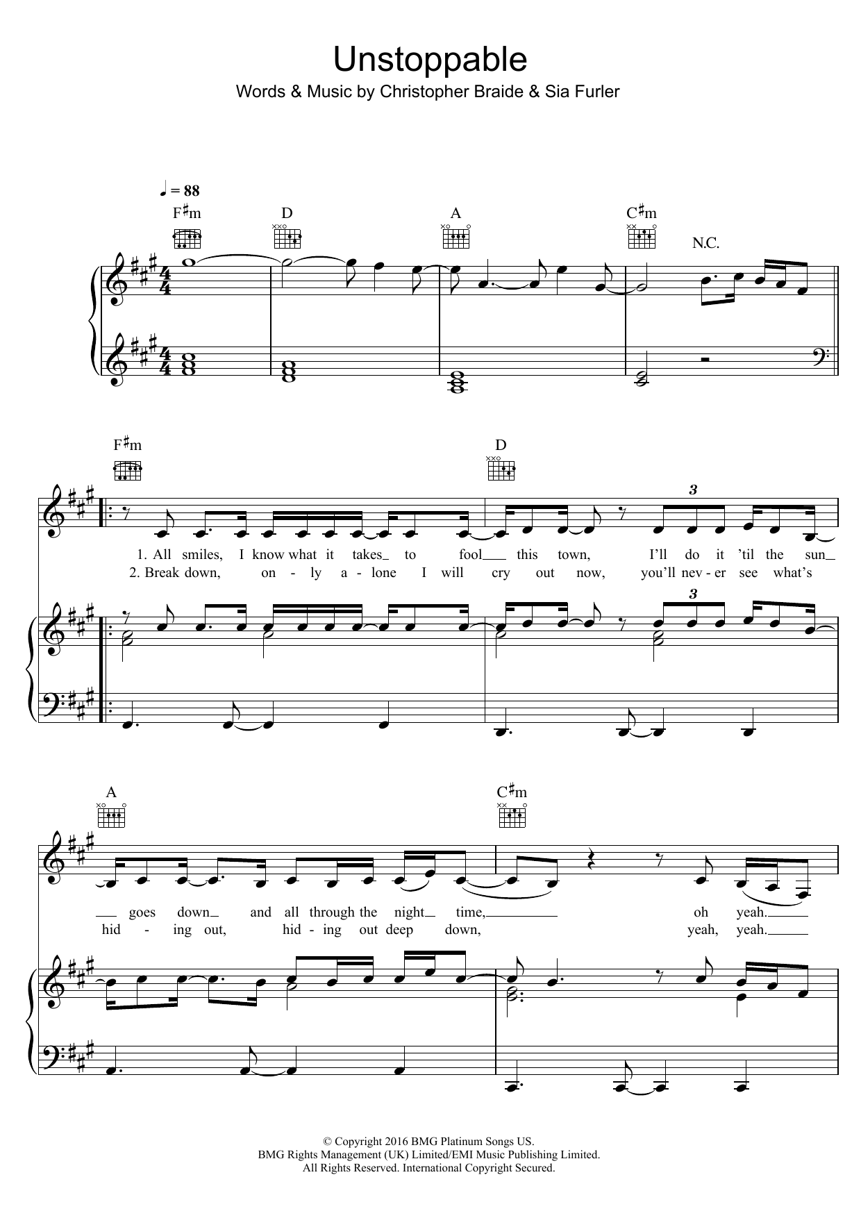 Sia Unstoppable sheet music notes and chords. Download Printable PDF.