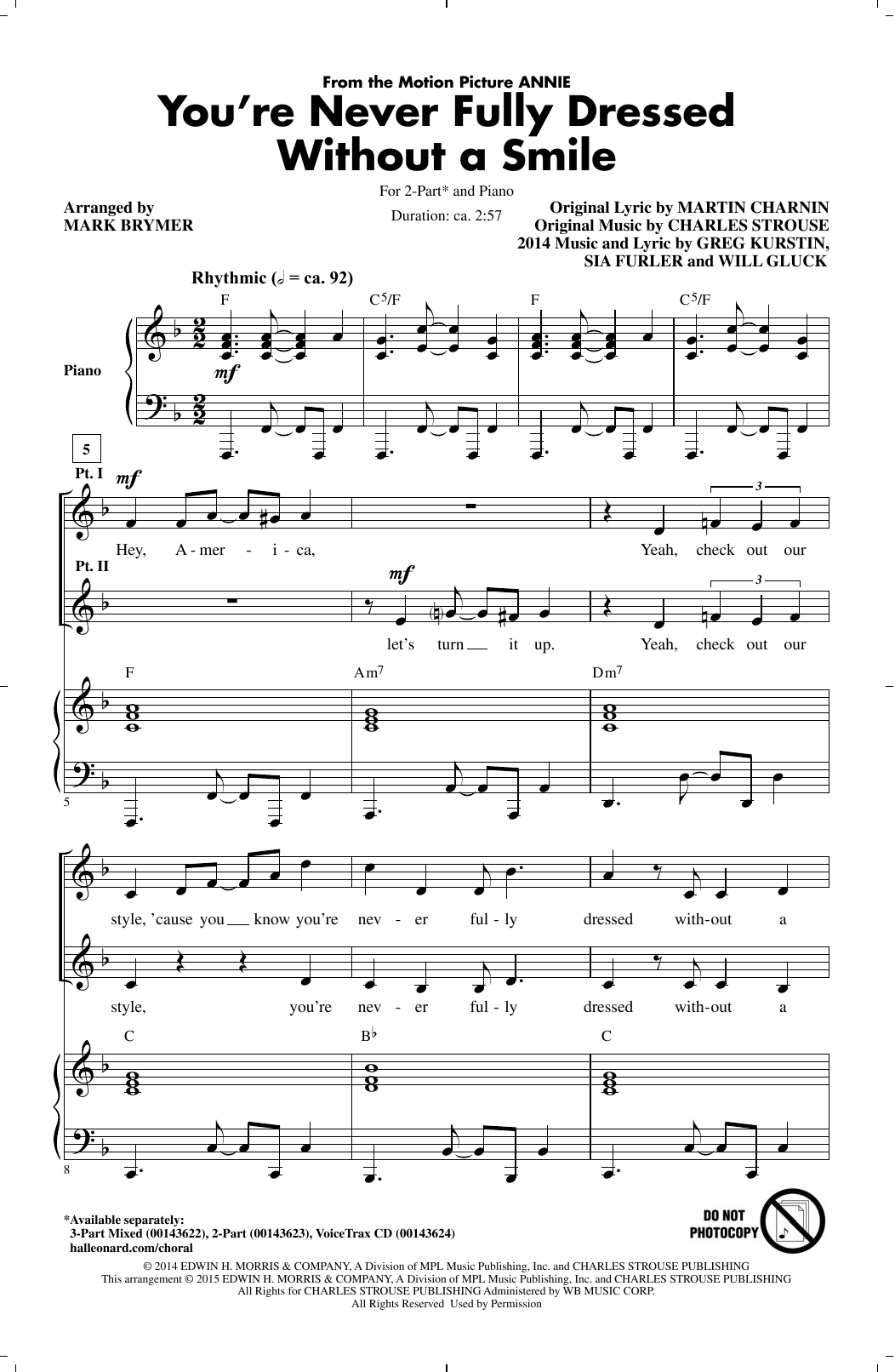 Sia You're Never Fully Dressed Without A Smile (from 'Annie' 2014 Film Version) (arr. Mark Brymer) sheet music notes and chords. Download Printable PDF.