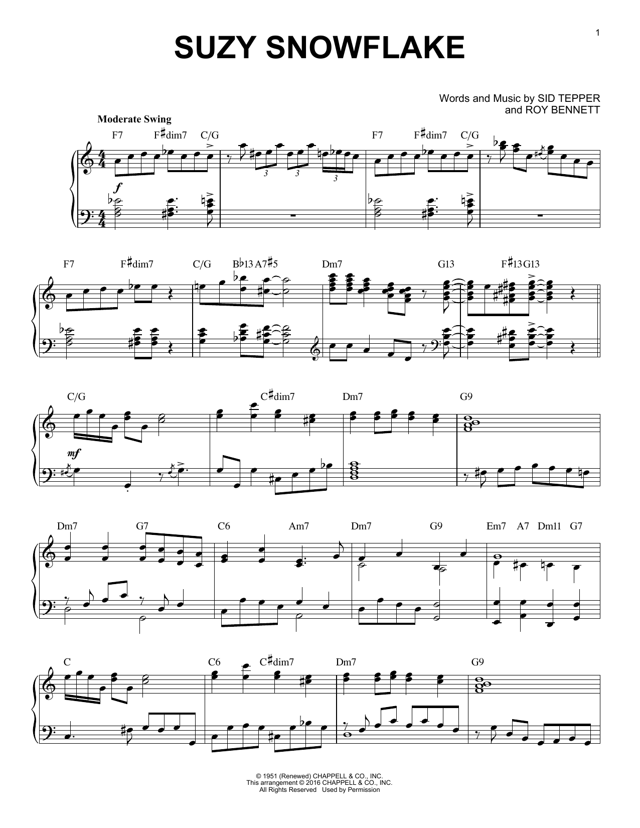 Sid Tepper Suzy Snowflake [Jazz version] (arr. Brent Edstrom) sheet music notes and chords arranged for Piano Solo