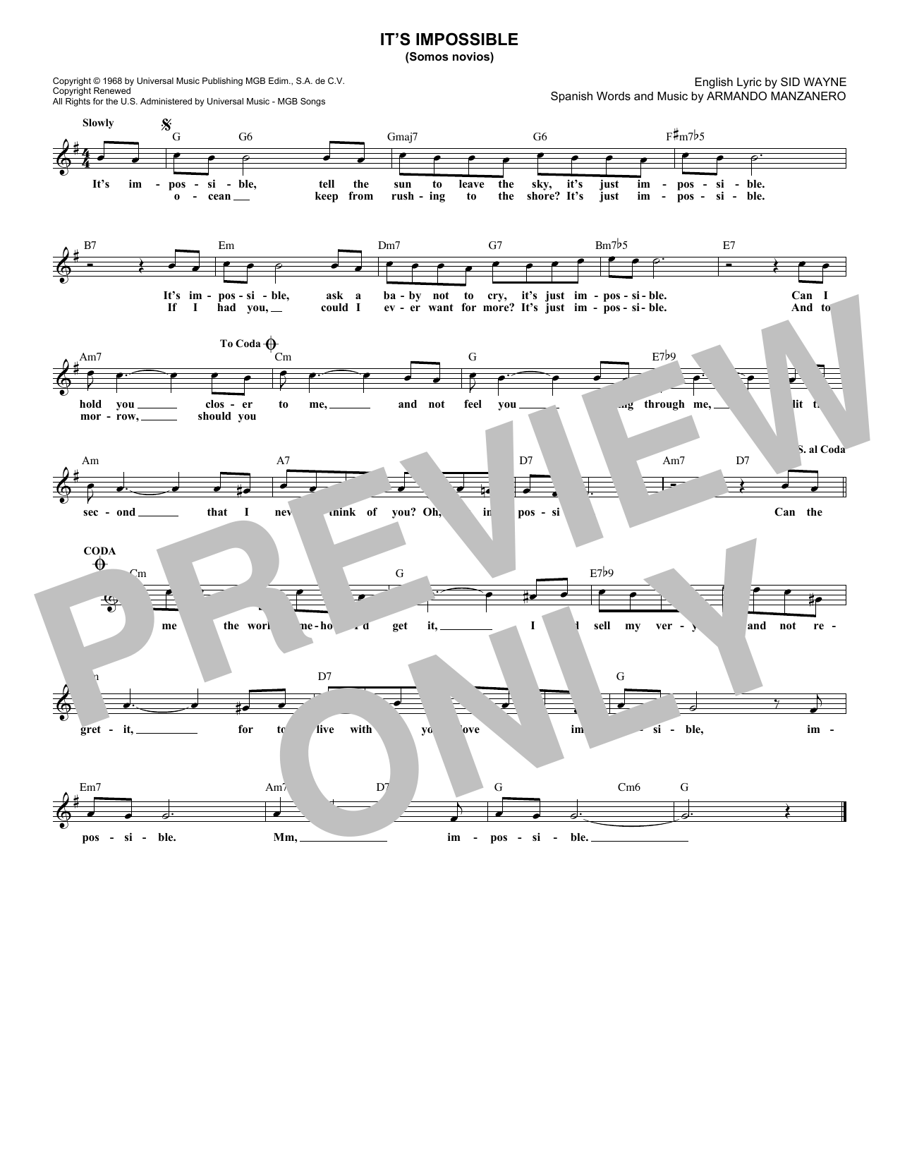 Sid Wayne It's Impossible (Somos Novios) sheet music notes and chords. Download Printable PDF.