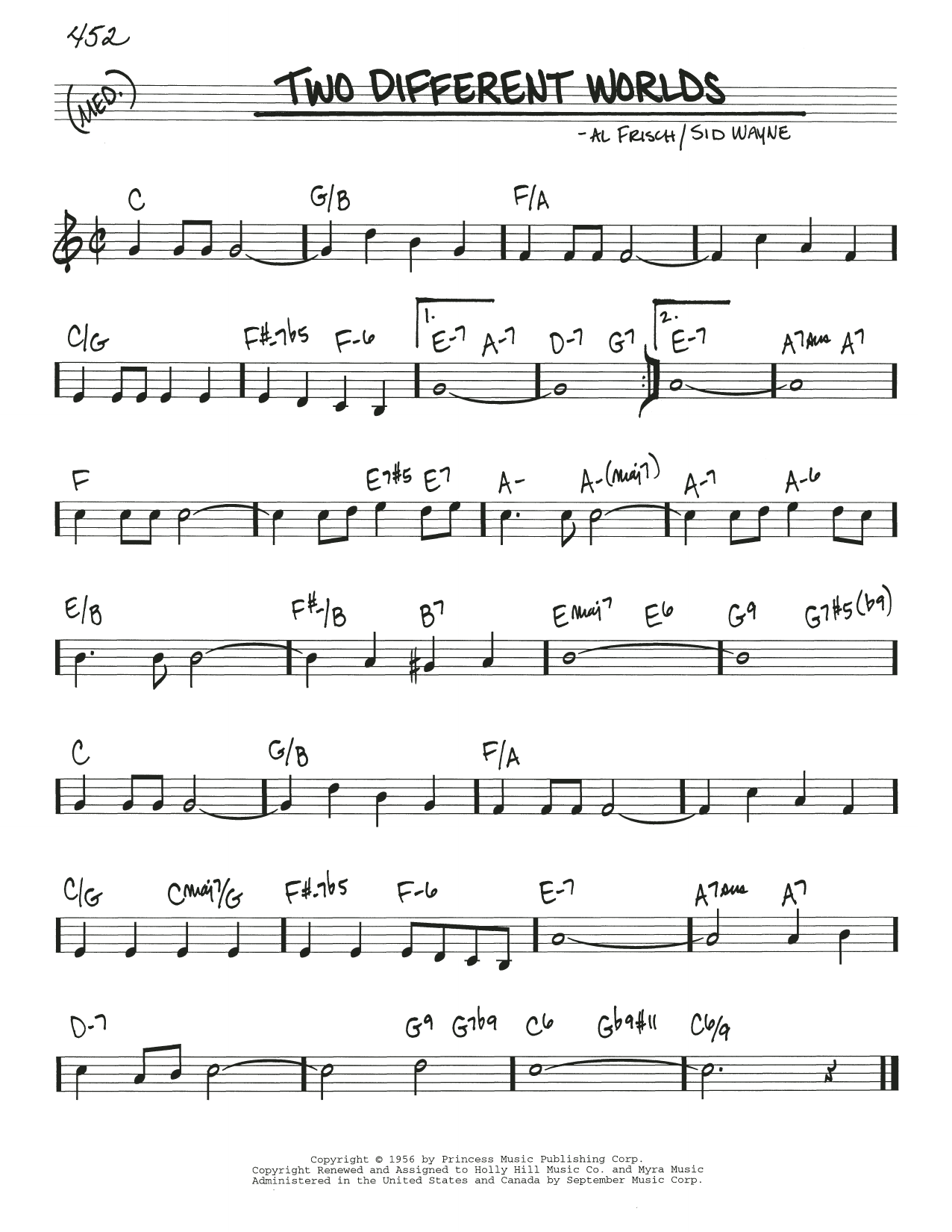 Learn to play Sid Wayne Two Different Worlds sheet music for Real Book – Melody & Chords in minutes. Price: 5.9900$ Sid Wayne Two Different Worlds sheet music notes and chords arranged for Real Book – Melody & Chords