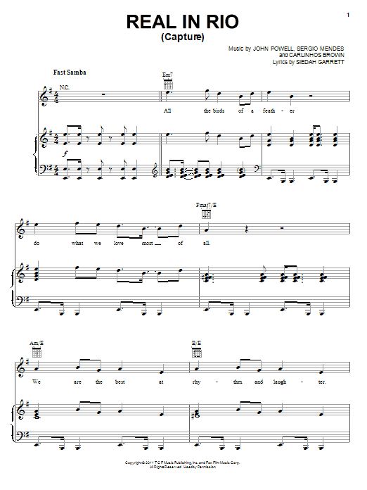 Learn to play Siedah Garrett Real In Rio (Capture) sheet music for Piano, Vocal & Guitar Chords (Right-Hand Melody) in minutes. Price: 7.8900$ Siedah Garrett Real In Rio (Capture) sheet music notes and chords arranged for Piano, Vocal & Guitar Chords (Right-Hand Melody)