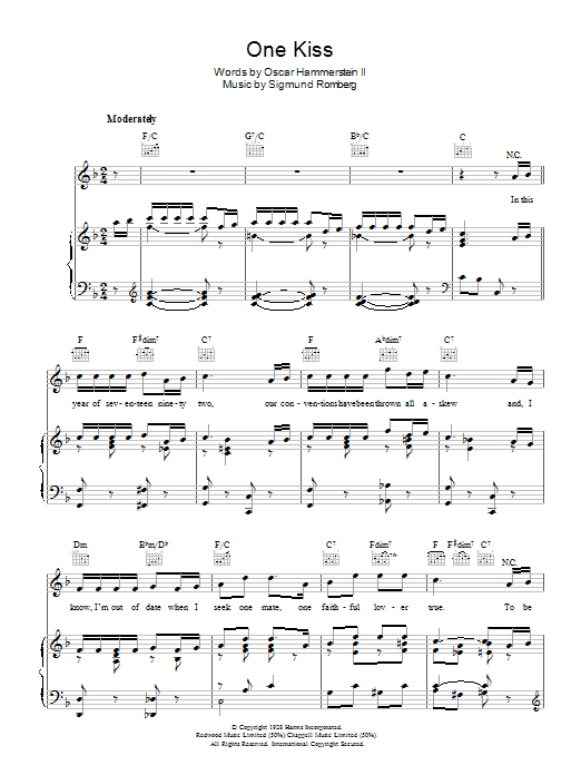 Learn to play Sigmund Romberg One Kiss sheet music for Piano, Vocal & Guitar Chords in minutes. Price: 7.8900$ Sigmund Romberg One Kiss sheet music notes and chords arranged for Piano, Vocal & Guitar Chords