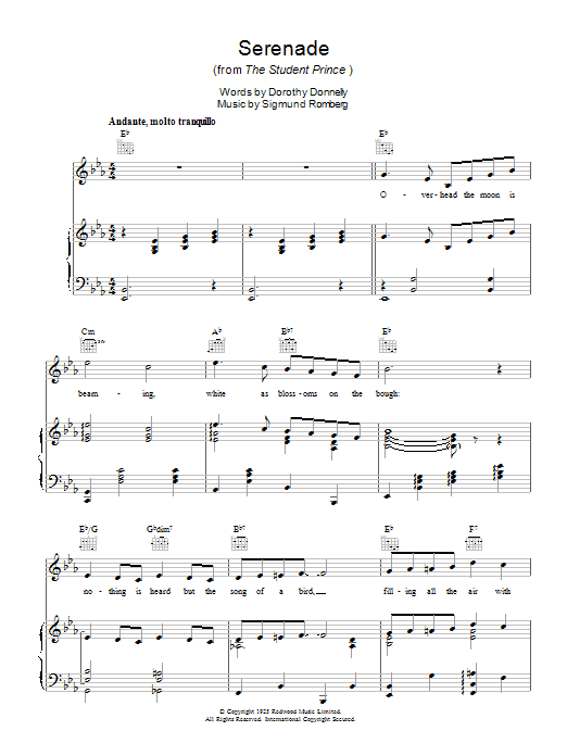 Learn to play Sigmund Romberg Serenade (from The Student Prince) sheet music for Piano, Vocal & Guitar Chords in minutes. Price: 7.8900$ Sigmund Romberg Serenade (from The Student Prince) sheet music notes and chords arranged for Piano, Vocal & Guitar Chords