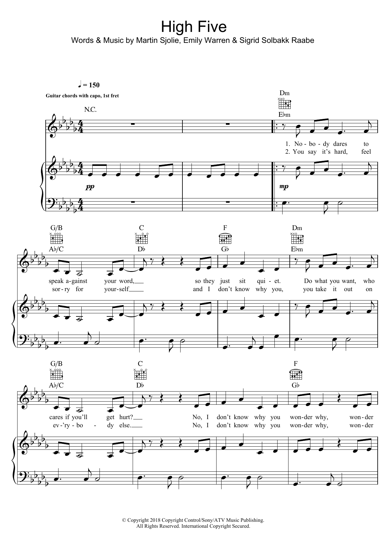 Learn to play Sigrid High Five sheet music for Piano, Vocal & Guitar Chords in minutes. Price: 7.8900$ Sigrid High Five sheet music notes and chords arranged for Piano, Vocal & Guitar Chords