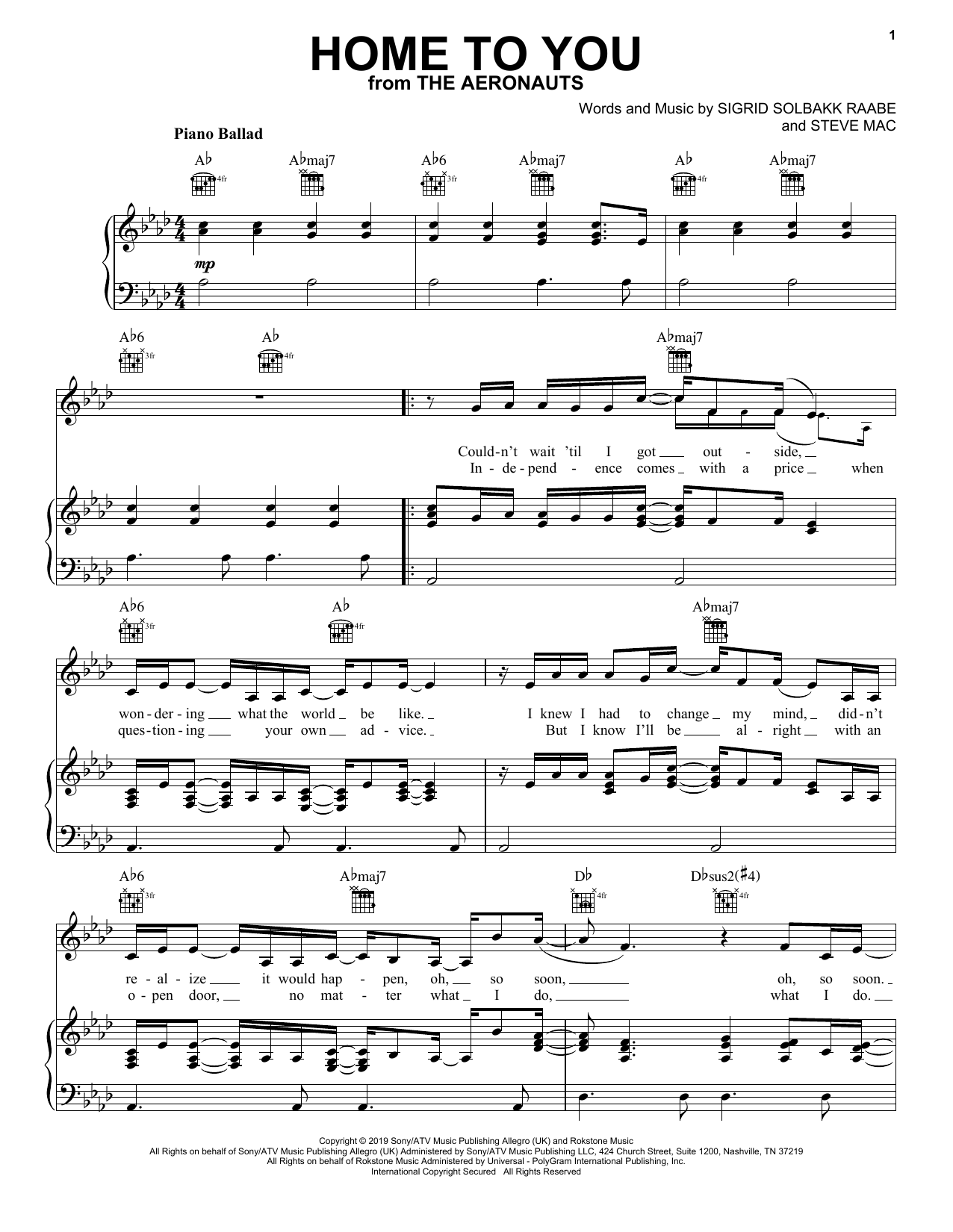 Sigrid Home To You (from The Aeronauts) sheet music notes and chords. Download Printable PDF.