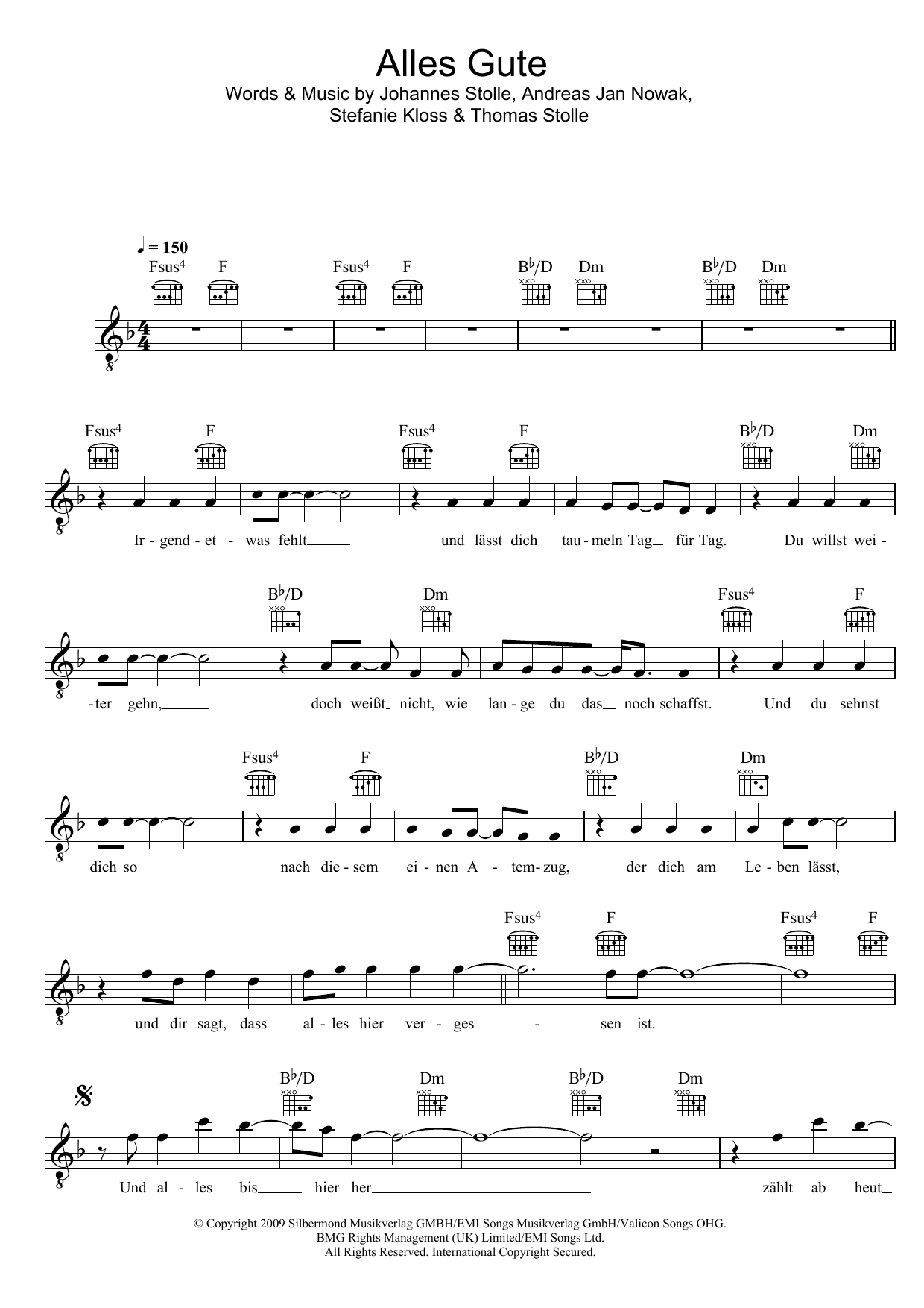 Learn to play Silbermond Alles Gute sheet music for Lead Sheet / Fake Book in minutes. Price: 5.9900$ Silbermond Alles Gute sheet music notes and chords arranged for Lead Sheet / Fake Book