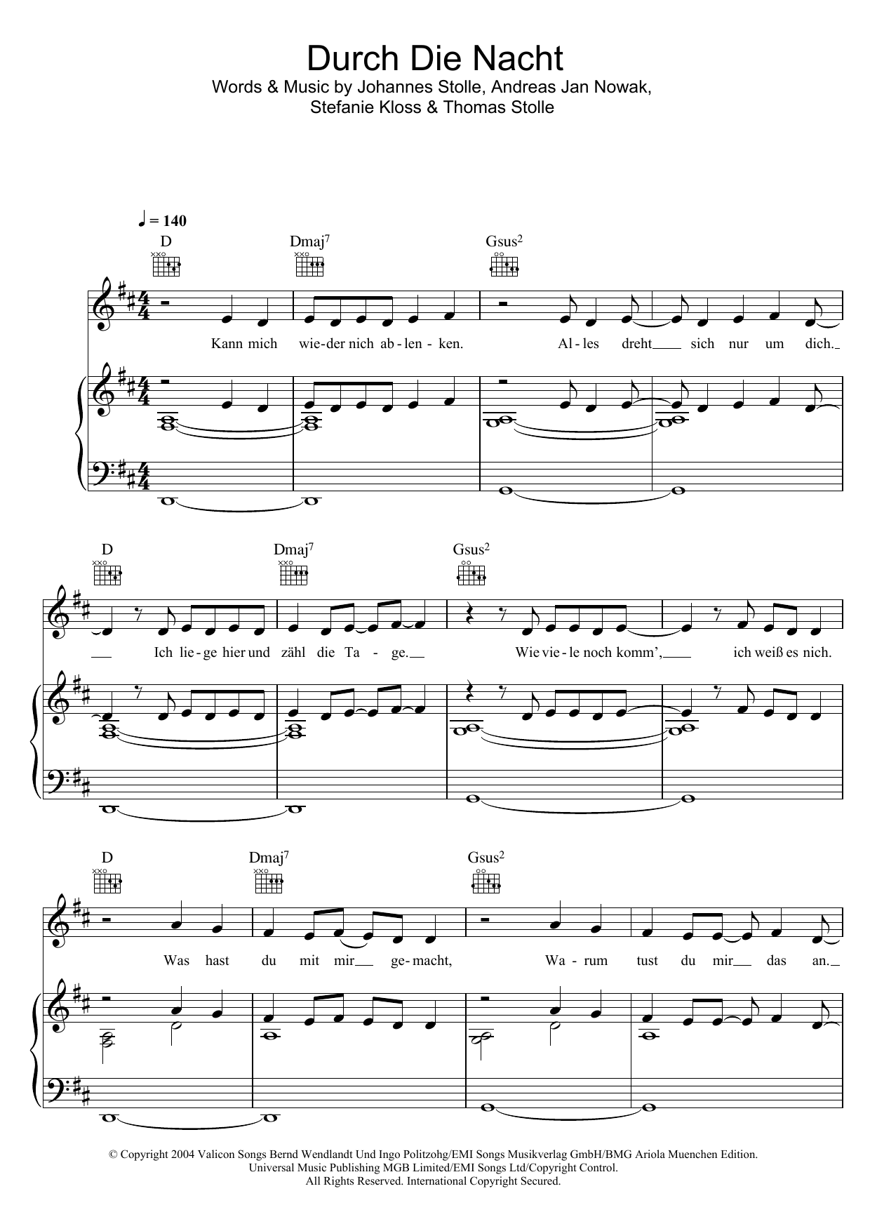 Silbermond Durch Die Nacht sheet music notes and chords. Download Printable PDF.