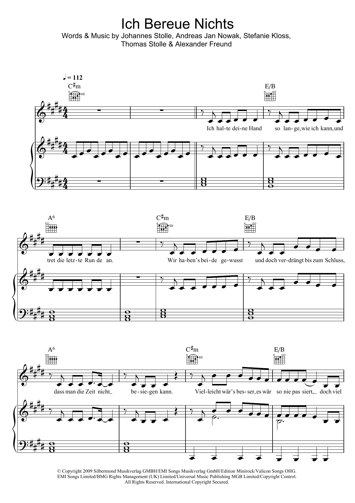 Learn to play Silbermond Ich Bereue Nichts sheet music for Piano, Vocal & Guitar Chords in minutes. Price: 7.8900$ Silbermond Ich Bereue Nichts sheet music notes and chords arranged for Piano, Vocal & Guitar Chords