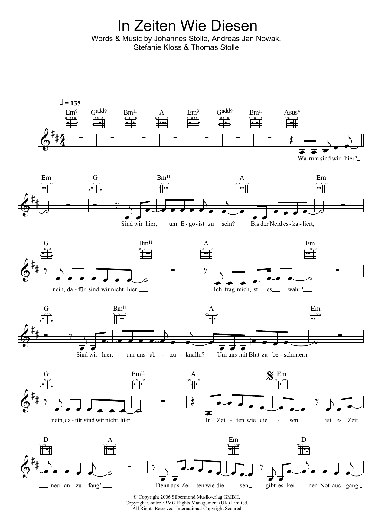 Silbermond In Zeiten Wie Diesen sheet music notes and chords. Download Printable PDF.