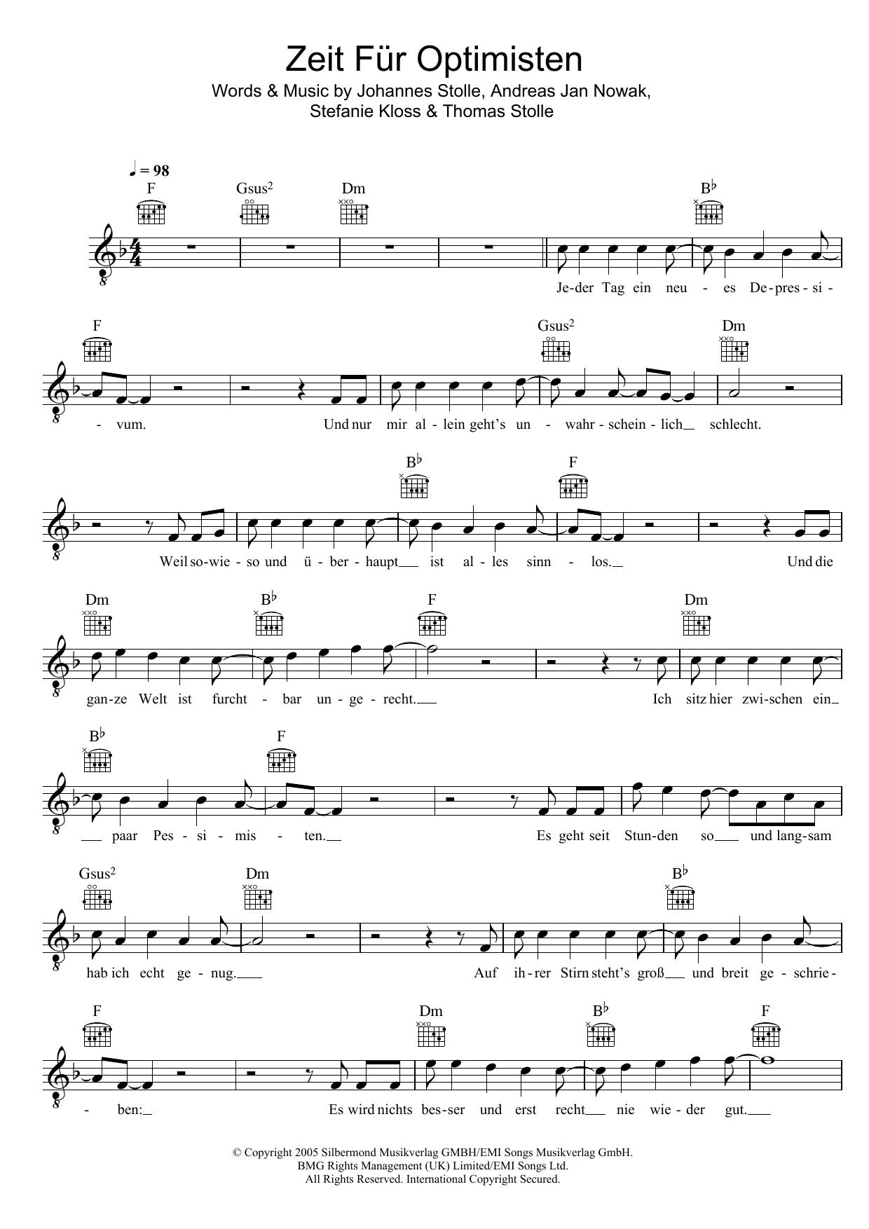 Silbermond Zeit Für Optimisten sheet music notes and chords. Download Printable PDF.