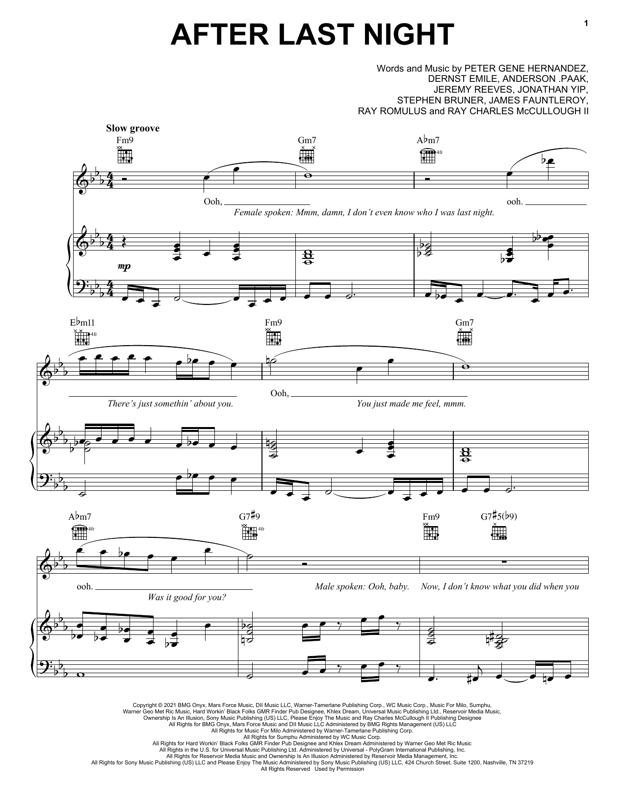 Silk Sonic After Last Night sheet music notes and chords. Download Printable PDF.