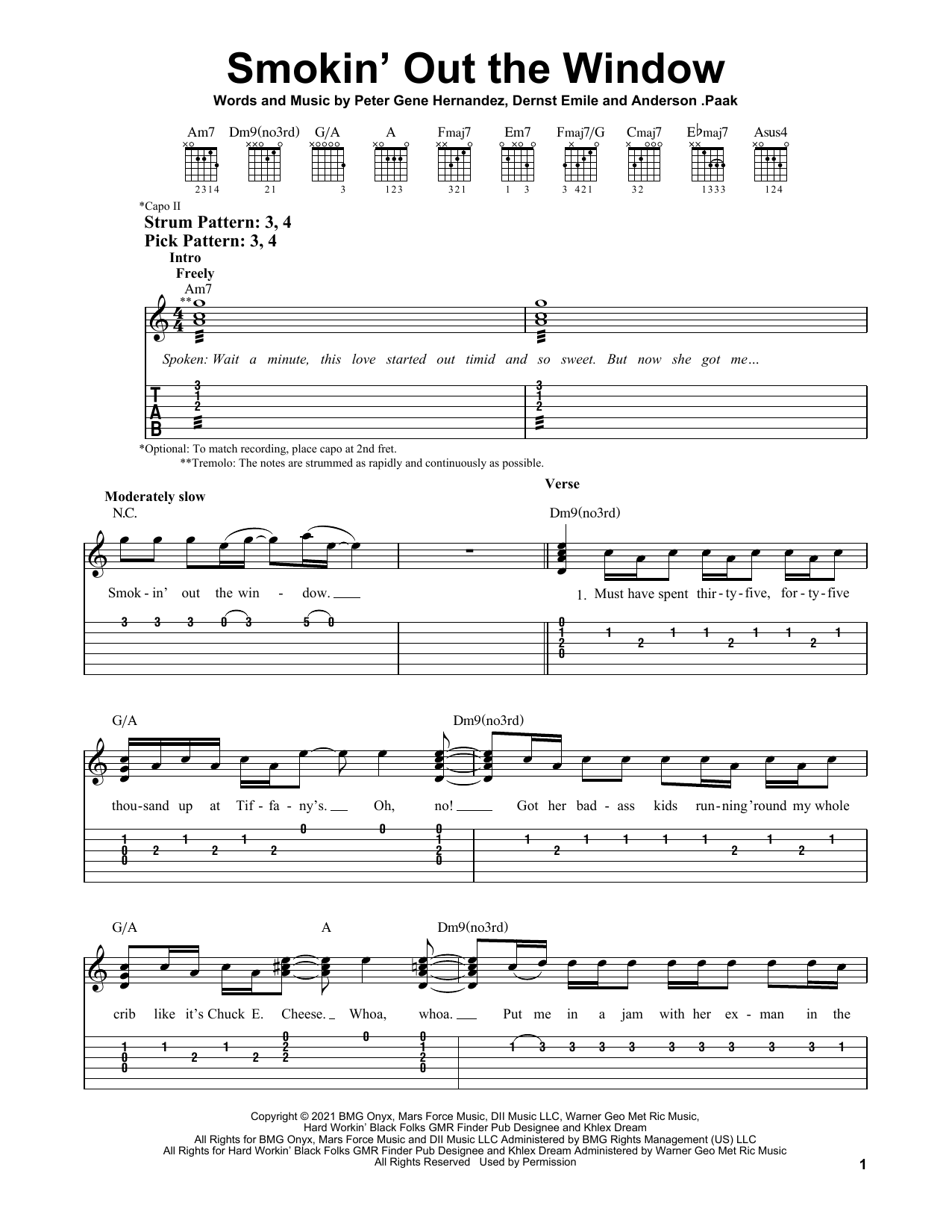 Silk Sonic Smokin' Out The Window sheet music notes and chords. Download Printable PDF.