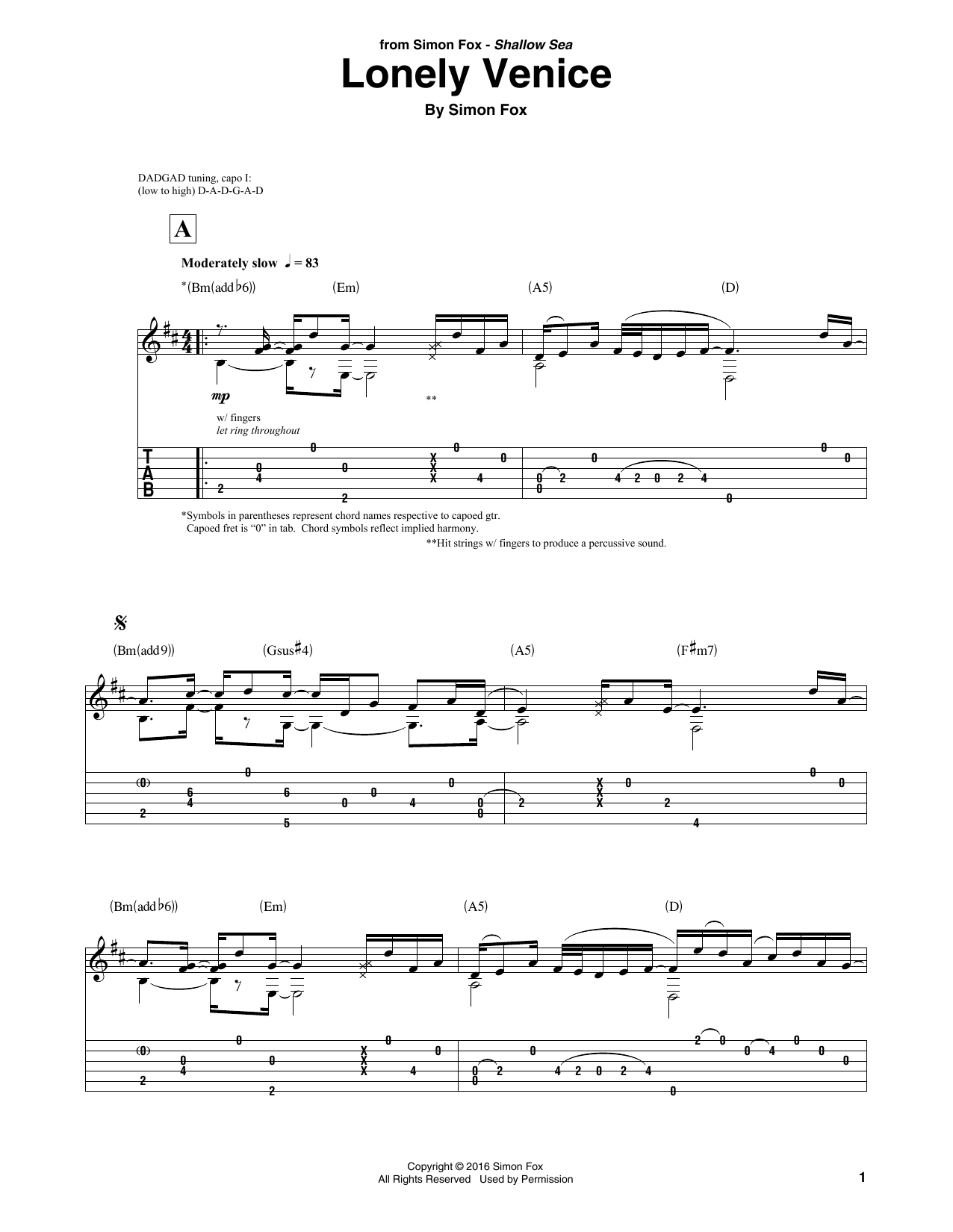 Simon Fox Lonely Venice sheet music notes and chords. Download Printable PDF.