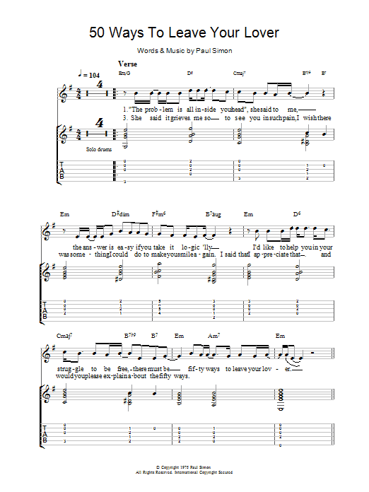 Paul Simon Fifty Ways To Leave Your Lover sheet music notes and chords. Download Printable PDF.