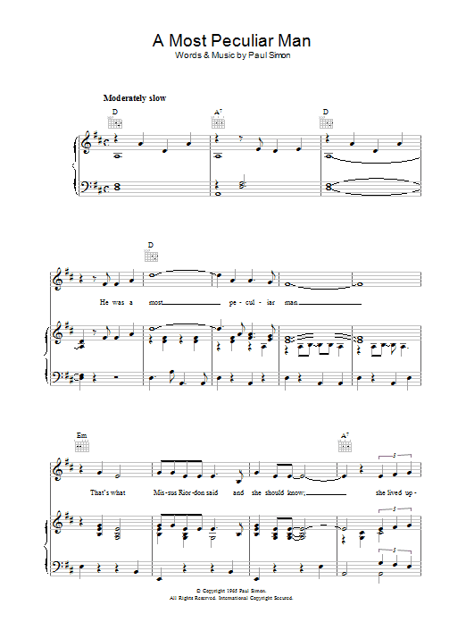 Simon & Garfunkel A Most Peculiar Man sheet music notes and chords arranged for Piano, Vocal & Guitar Chords