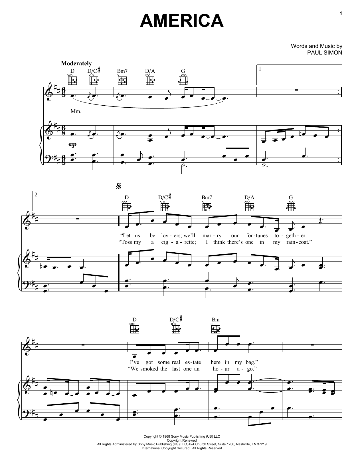 Simon & Garfunkel America sheet music notes and chords. Download Printable PDF.