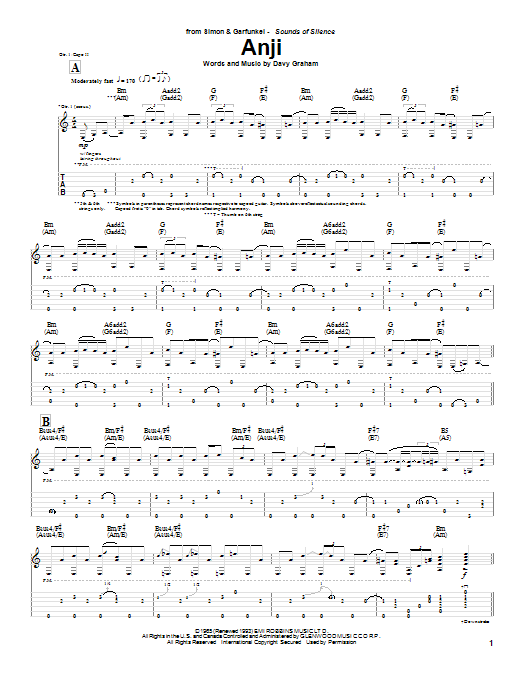 Simon & Garfunkel Anji sheet music notes and chords arranged for Guitar Tab