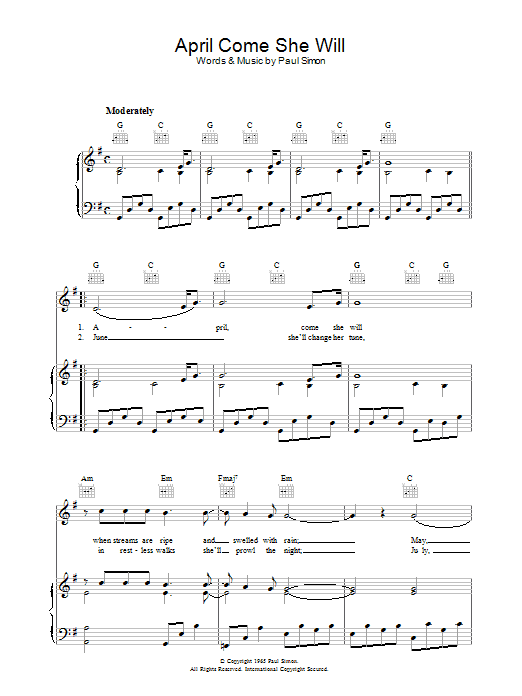 Simon & Garfunkel April Come She Will sheet music notes and chords. Download Printable PDF.