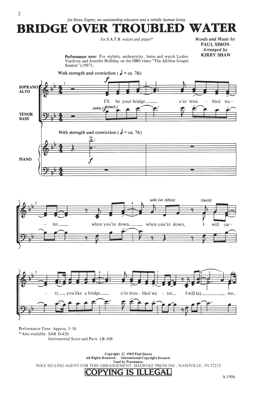 Simon & Garfunkel Bridge Over Troubled Water (arr. Kirby Shaw) sheet music notes and chords. Download Printable PDF.