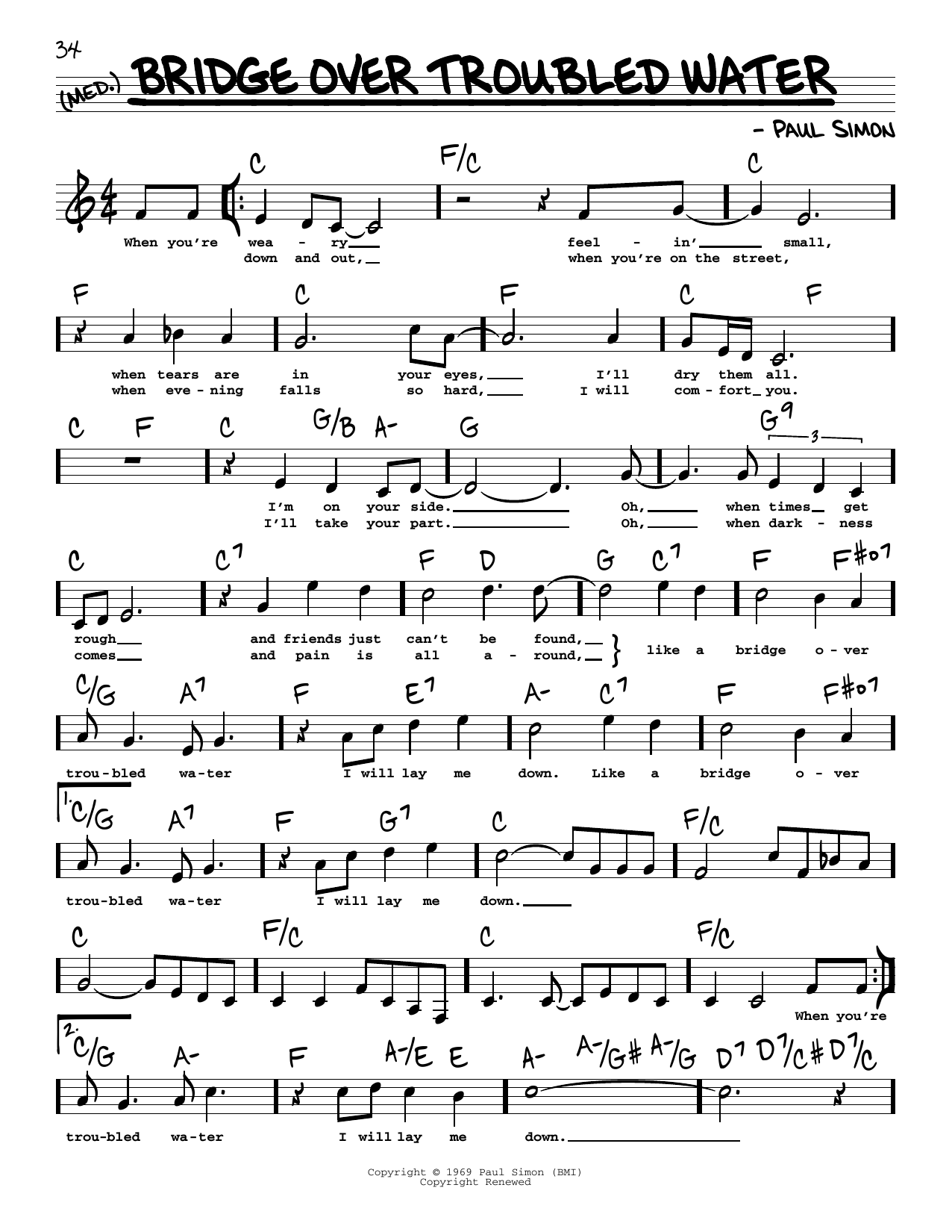 Simon & Garfunkel Bridge Over Troubled Water (High Voice) sheet music notes and chords. Download Printable PDF.