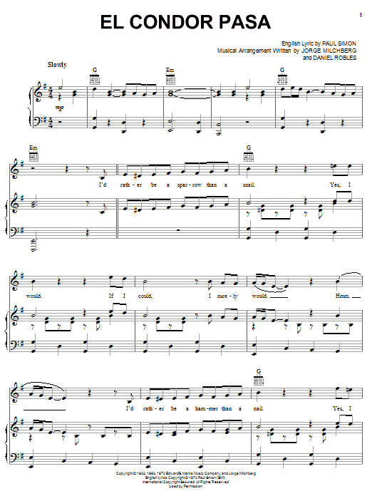 Simon & Garfunkel El Condor Pasa (If I Could) sheet music notes and chords. Download Printable PDF.