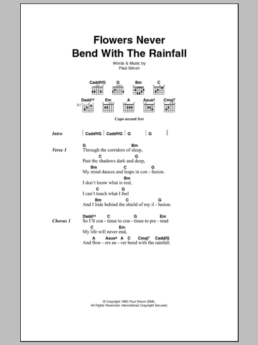 Simon & Garfunkel Flowers Never Bend With The Rainfall sheet music notes and chords. Download Printable PDF.