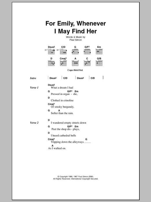 Simon & Garfunkel For Emily, Whenever I May Find Her sheet music notes and chords. Download Printable PDF.