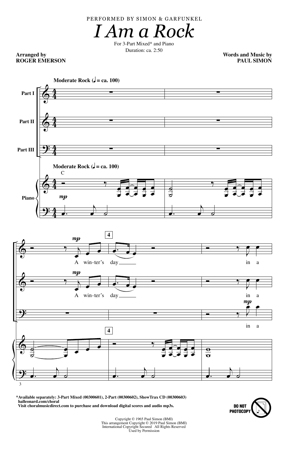 Learn to play Simon & Garfunkel I Am A Rock (arr. Roger Emerson) sheet music for 3-Part Mixed Choir in minutes. Price: 3.9900$ Simon & Garfunkel I Am A Rock (arr. Roger Emerson) sheet music notes and chords arranged for 3-Part Mixed Choir