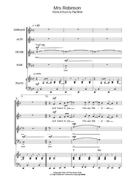 Simon & Garfunkel Mrs. Robinson (arr. Jeremy Birchall) sheet music notes and chords. Download Printable PDF.