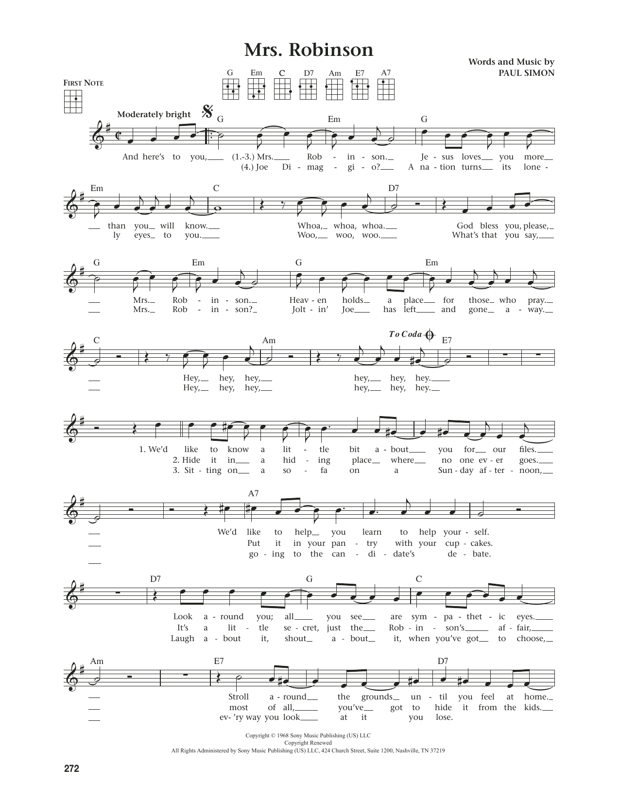 Simon & Garfunkel Mrs. Robinson (from The Daily Ukulele) (arr. Jim Beloff) sheet music notes and chords. Download Printable PDF.