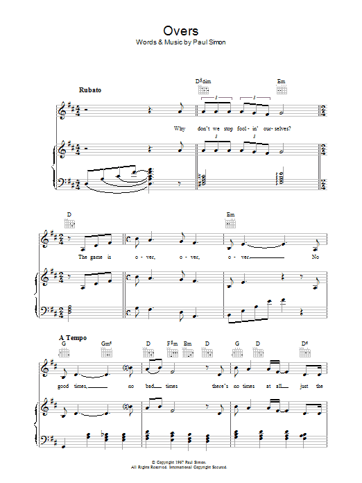 Simon & Garfunkel Overs sheet music notes and chords arranged for Piano, Vocal & Guitar Chords