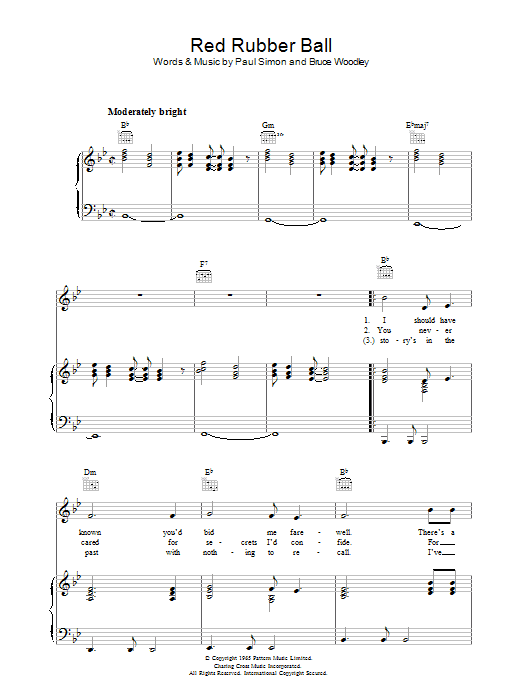 Simon & Garfunkel Red Rubber Ball sheet music notes and chords arranged for Piano, Vocal & Guitar Chords