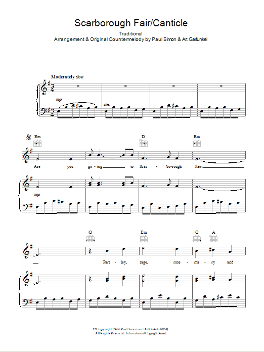 Simon & Garfunkel Scarborough Fair/Canticle sheet music notes and chords arranged for Piano, Vocal & Guitar Chords